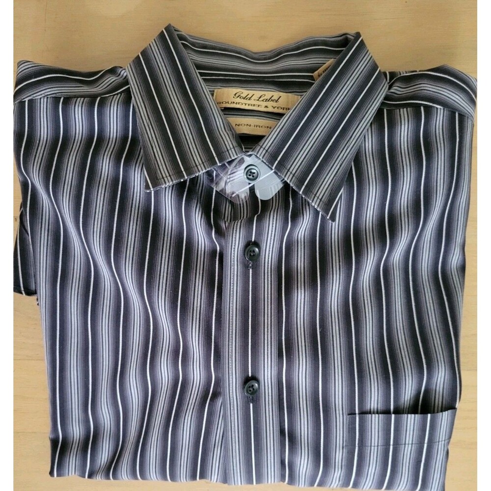 Roundtree Yorke Gold Label  Dress Shirt XL Gray/black Strip 100% Cotn Lng Sleeve